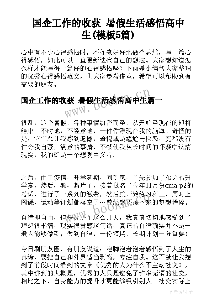 国企工作的收获 暑假生活感悟高中生(模板5篇)