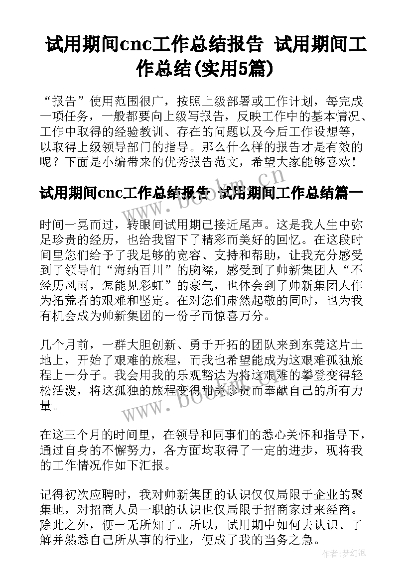 试用期间cnc工作总结报告 试用期间工作总结(实用5篇)