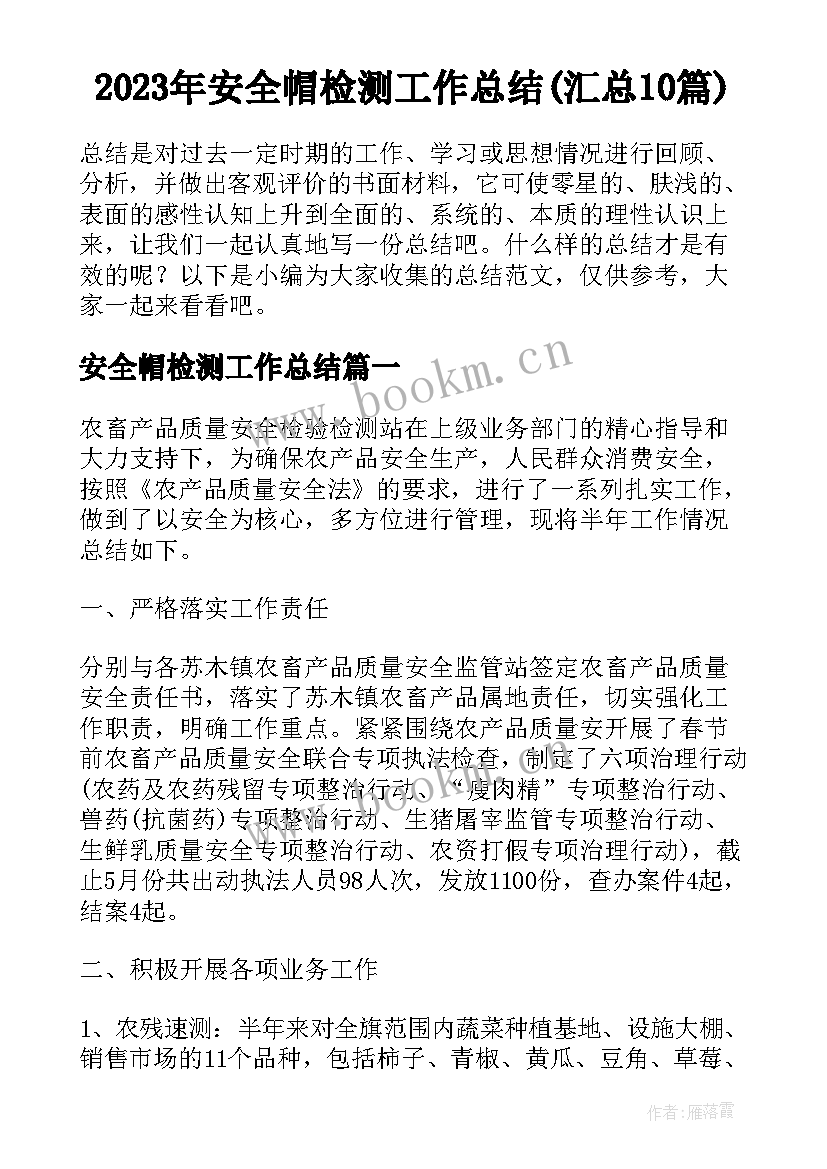 2023年安全帽检测工作总结(汇总10篇)