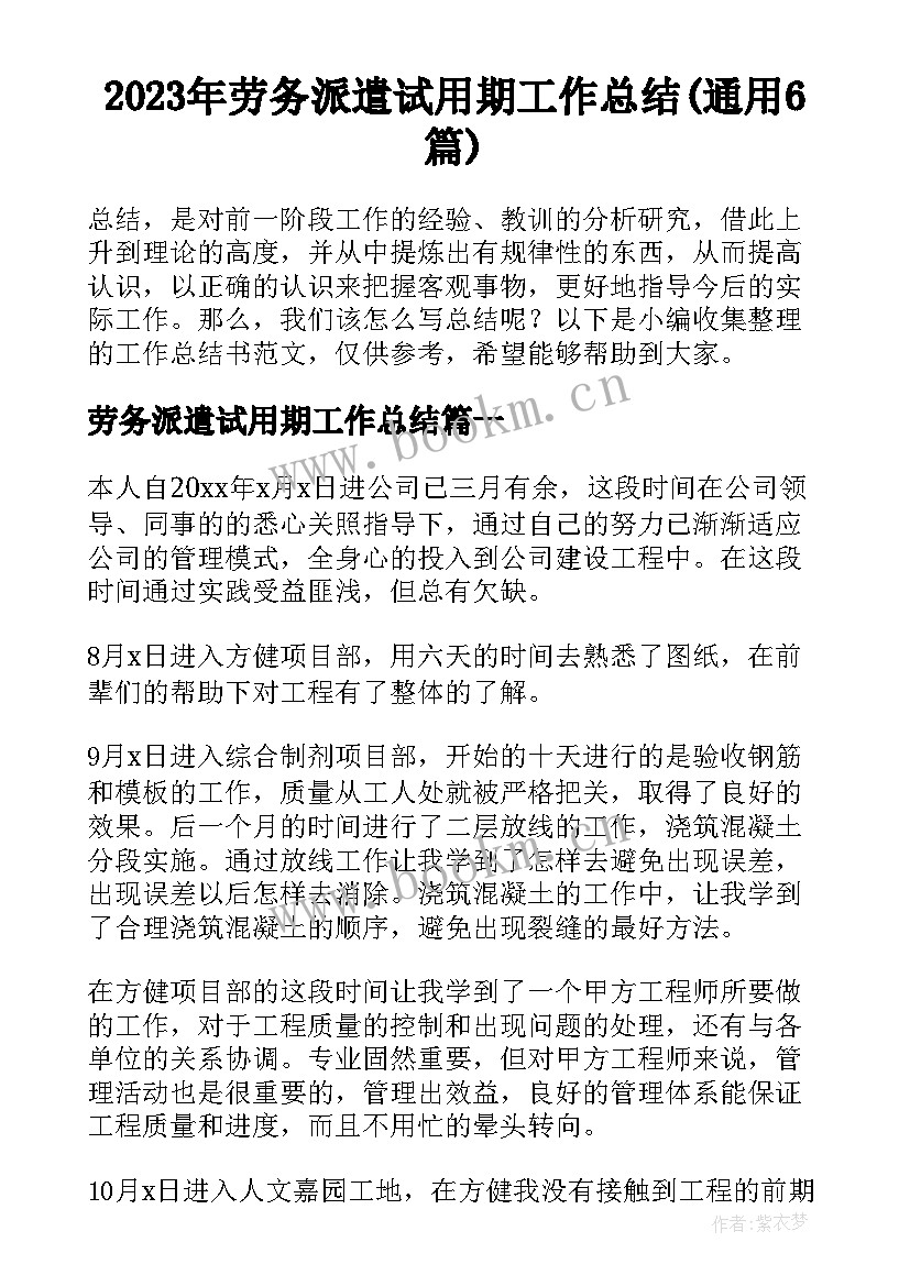 2023年劳务派遣试用期工作总结(通用6篇)