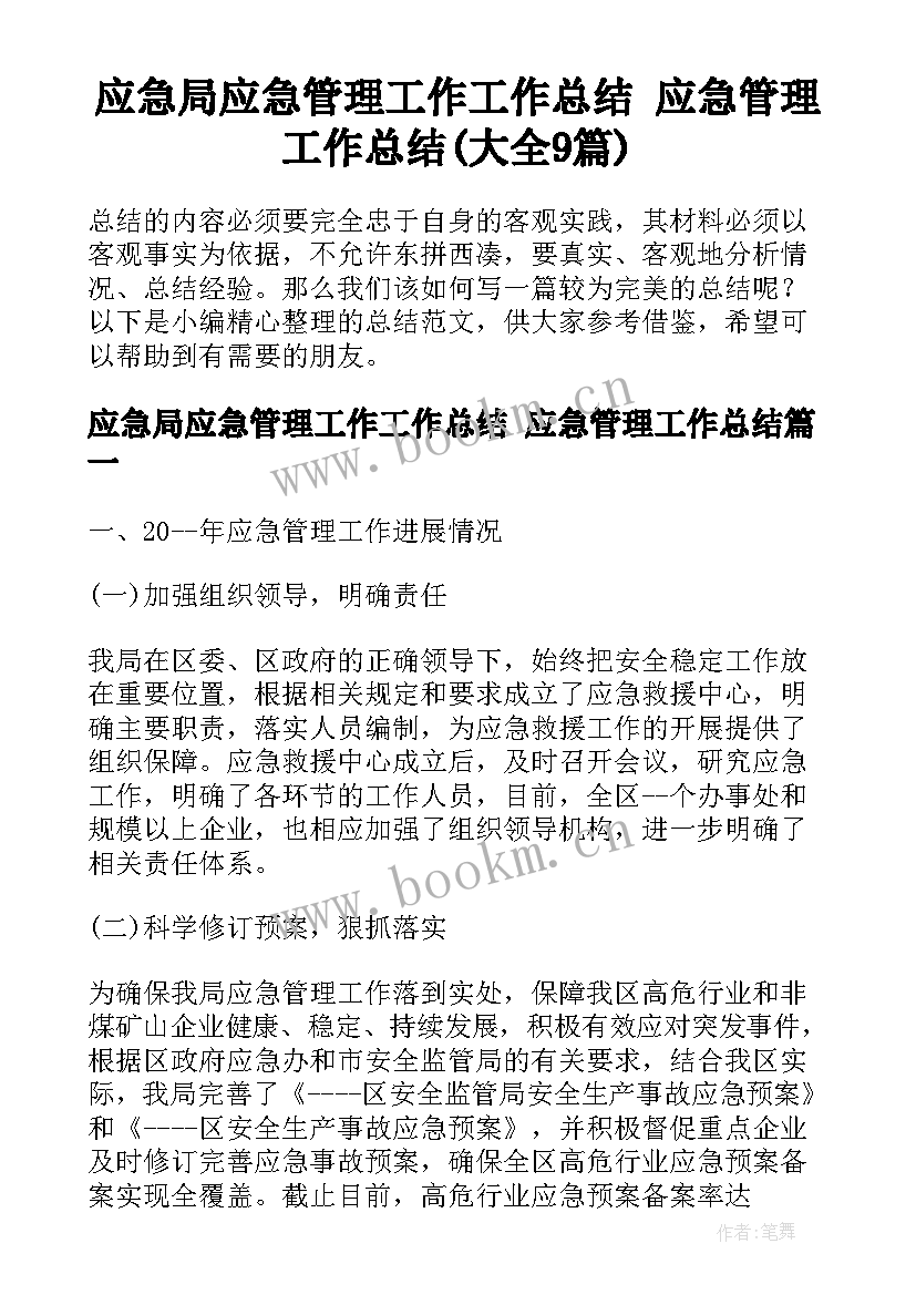 应急局应急管理工作工作总结 应急管理工作总结(大全9篇)