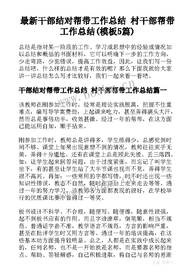 最新干部结对帮带工作总结 村干部帮带工作总结(模板5篇)