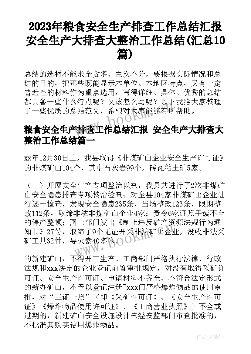 2023年粮食安全生产排查工作总结汇报 安全生产大排查大整治工作总结(汇总10篇)