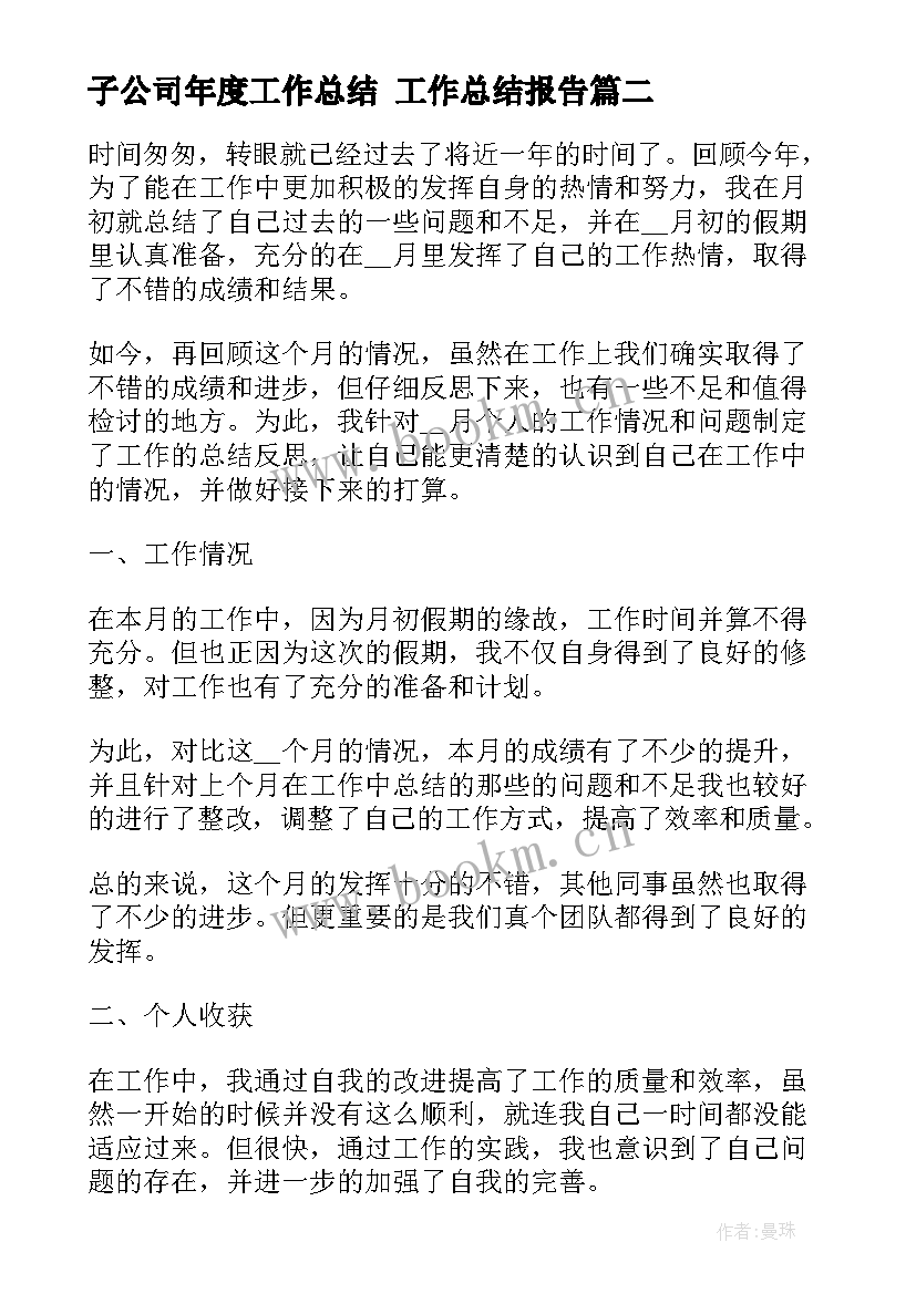 子公司年度工作总结 工作总结报告(优质10篇)