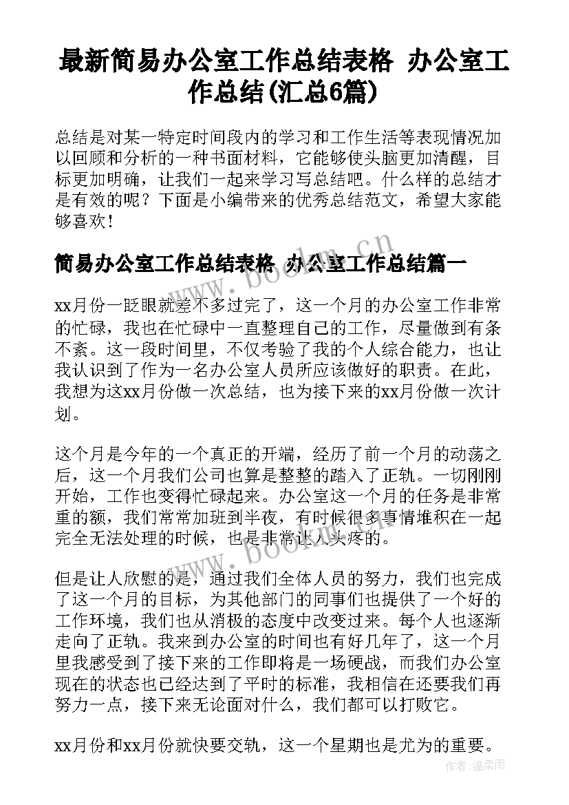 最新简易办公室工作总结表格 办公室工作总结(汇总6篇)