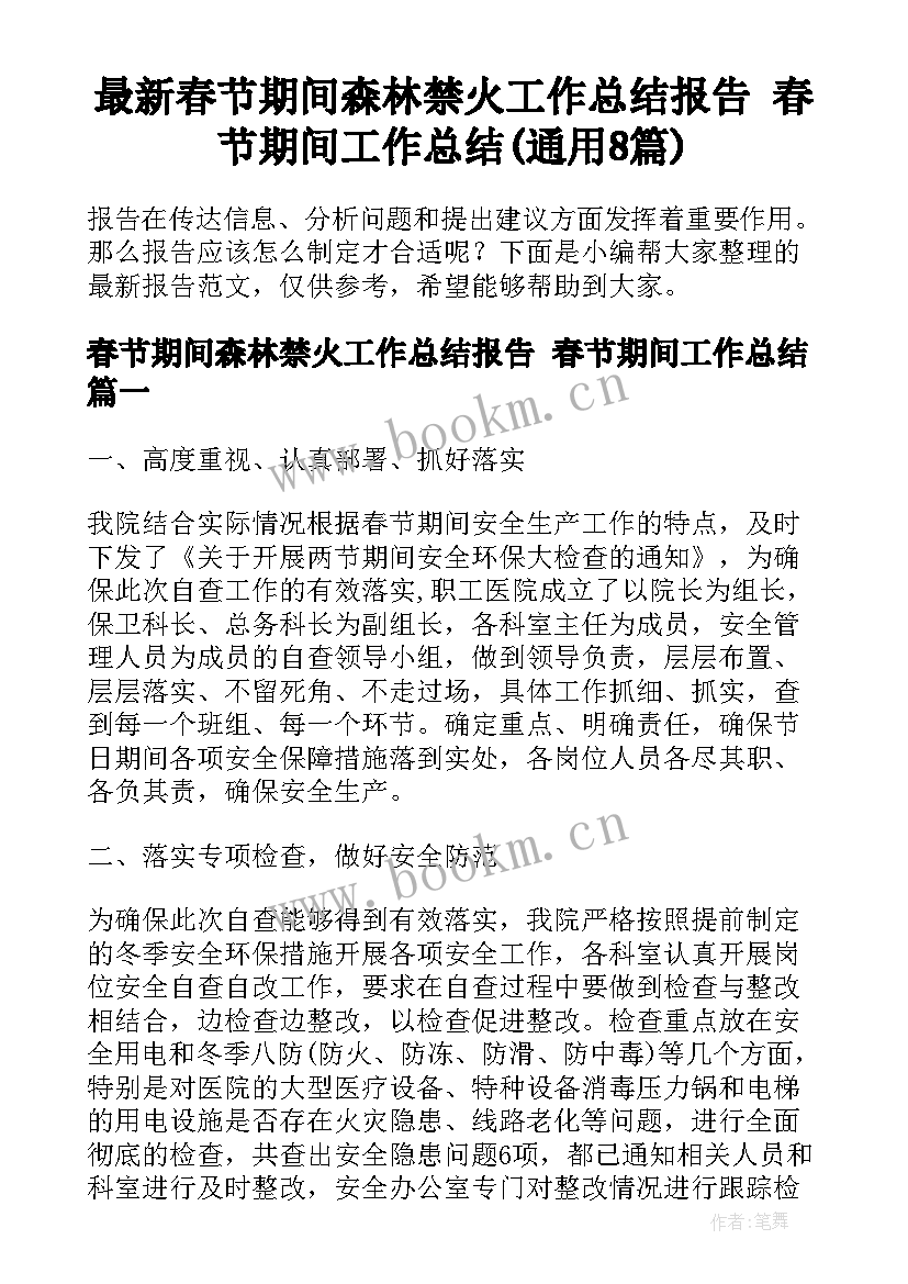 最新春节期间森林禁火工作总结报告 春节期间工作总结(通用8篇)