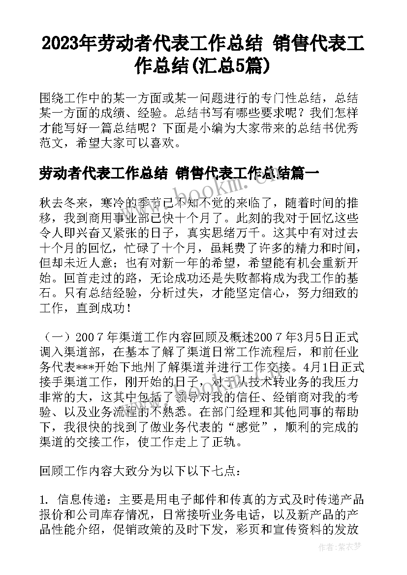 2023年劳动者代表工作总结 销售代表工作总结(汇总5篇)