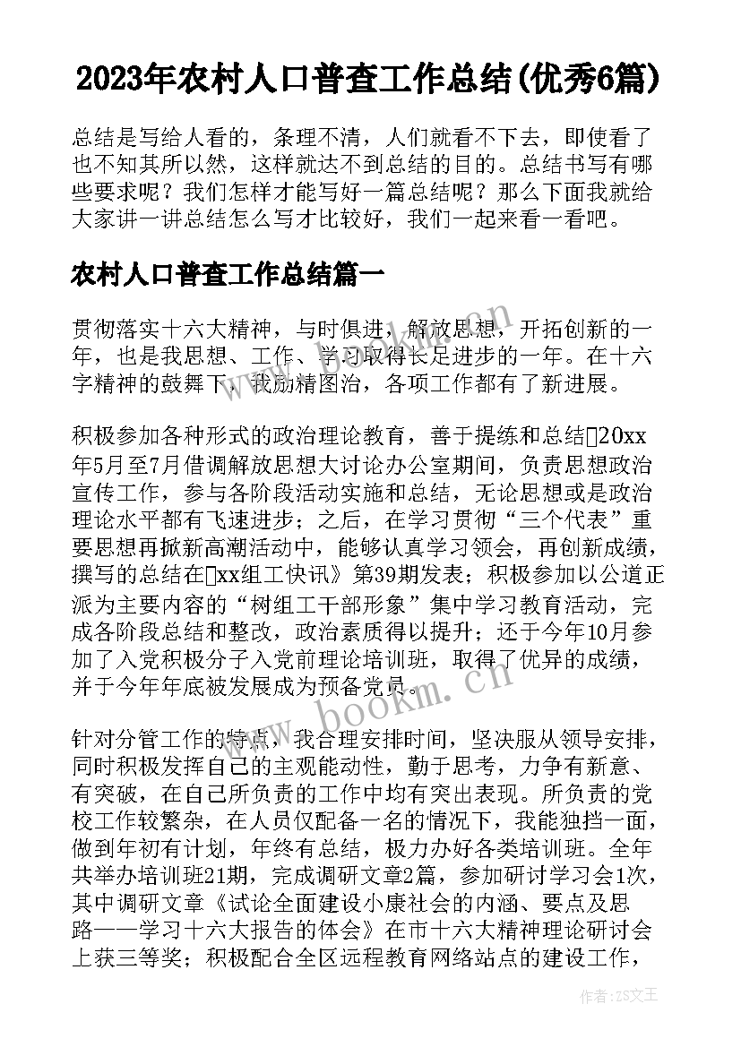 2023年农村人口普查工作总结(优秀6篇)