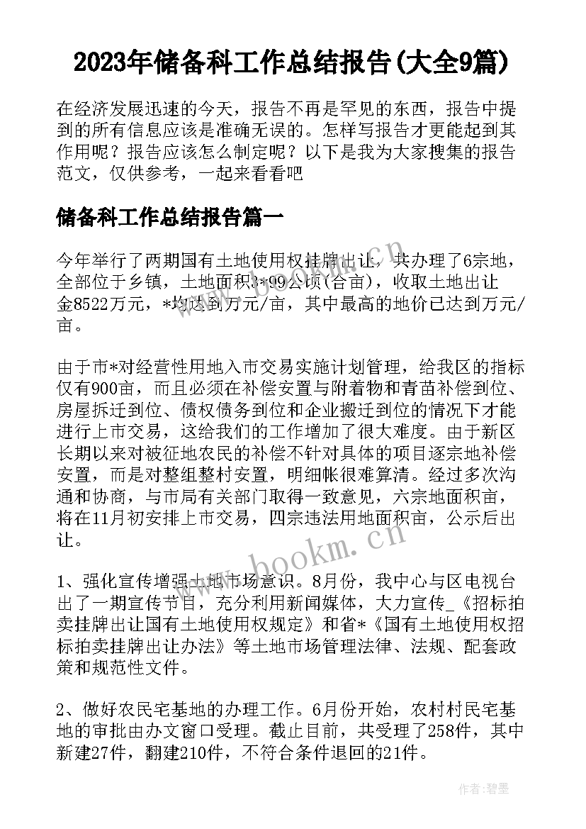 2023年储备科工作总结报告(大全9篇)