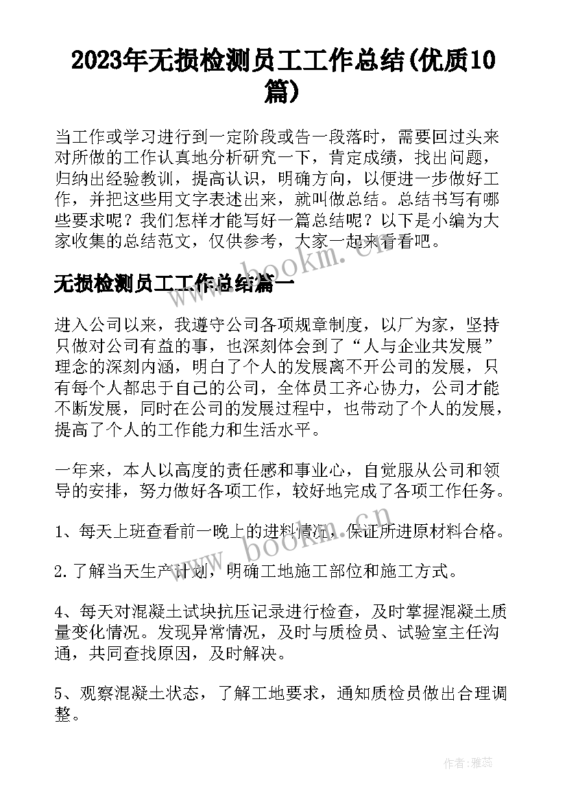 2023年无损检测员工工作总结(优质10篇)