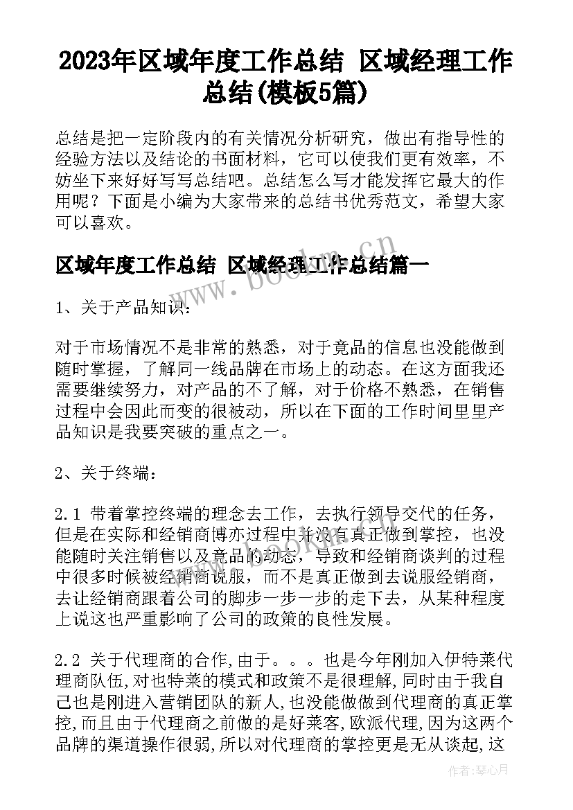 2023年区域年度工作总结 区域经理工作总结(模板5篇)