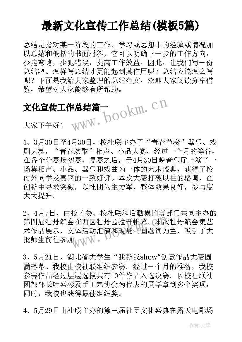 最新文化宣传工作总结(模板5篇)