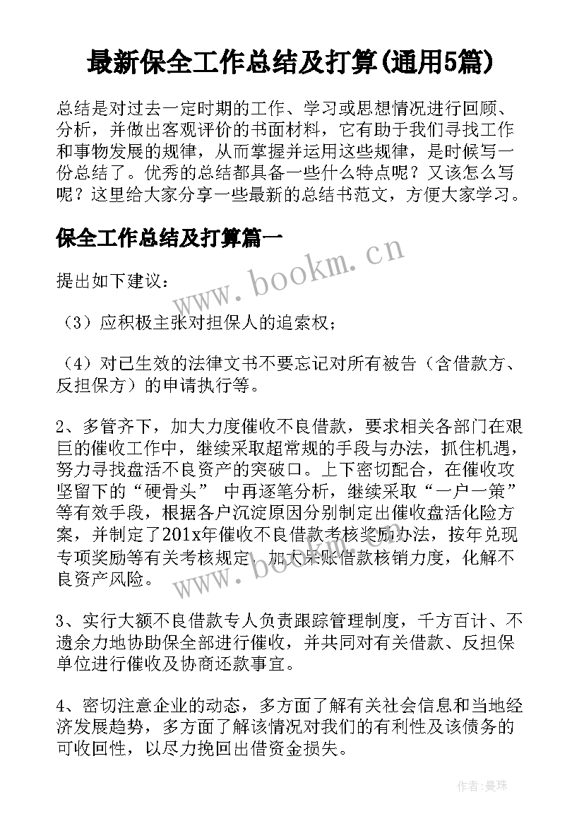 最新保全工作总结及打算(通用5篇)