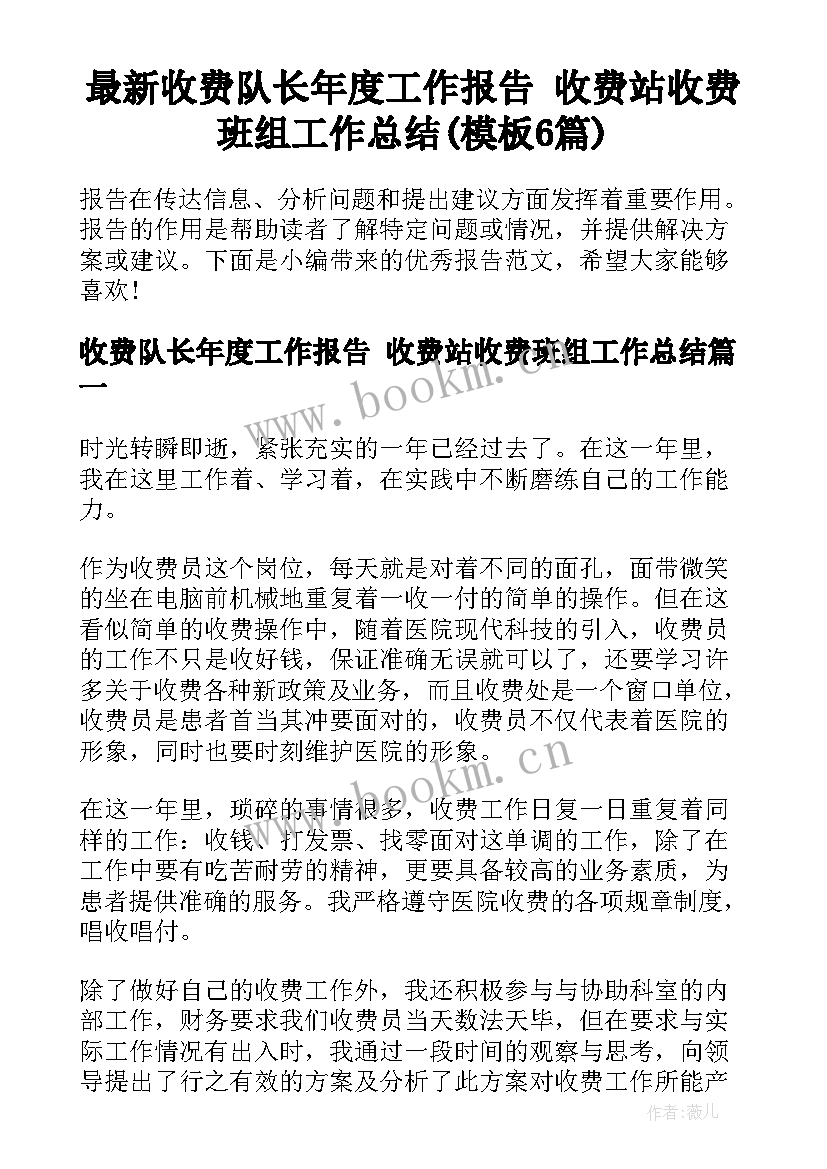 最新收费队长年度工作报告 收费站收费班组工作总结(模板6篇)