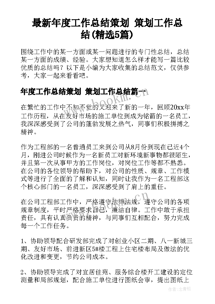 最新年度工作总结策划 策划工作总结(精选5篇)