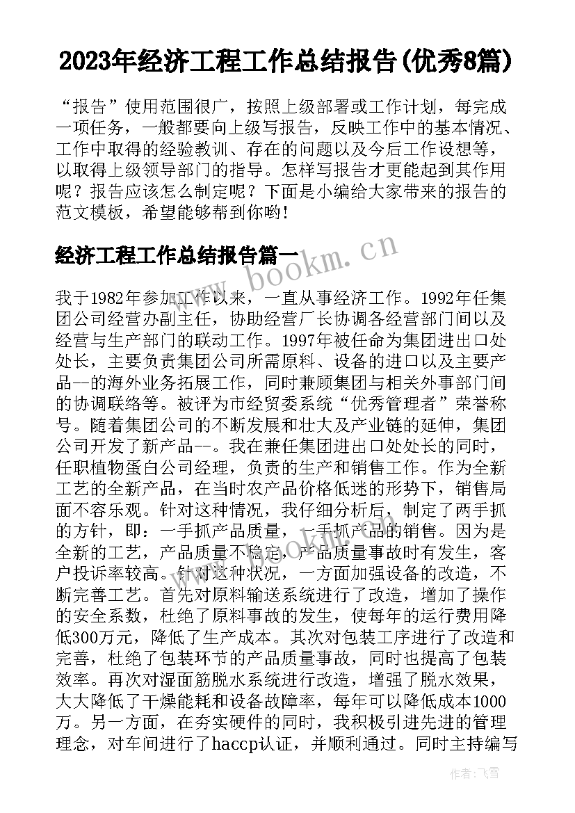 2023年经济工程工作总结报告(优秀8篇)