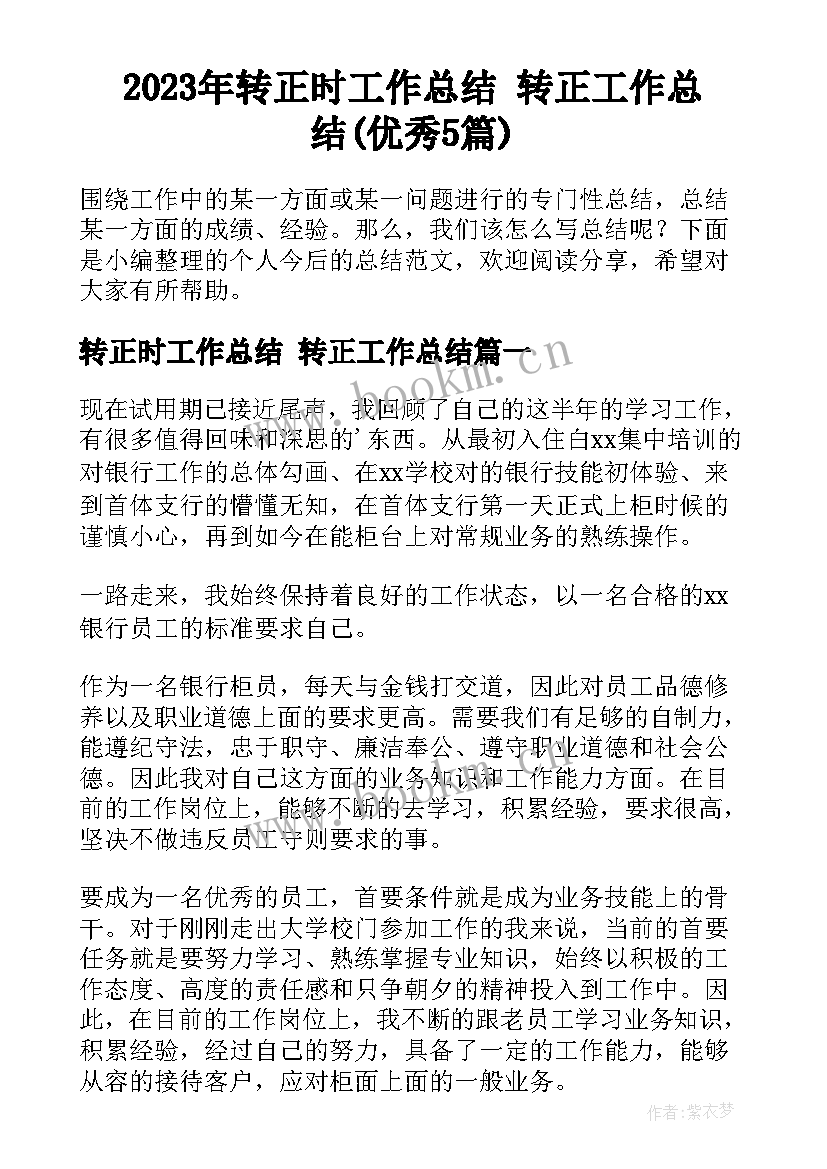 2023年转正时工作总结 转正工作总结(优秀5篇)