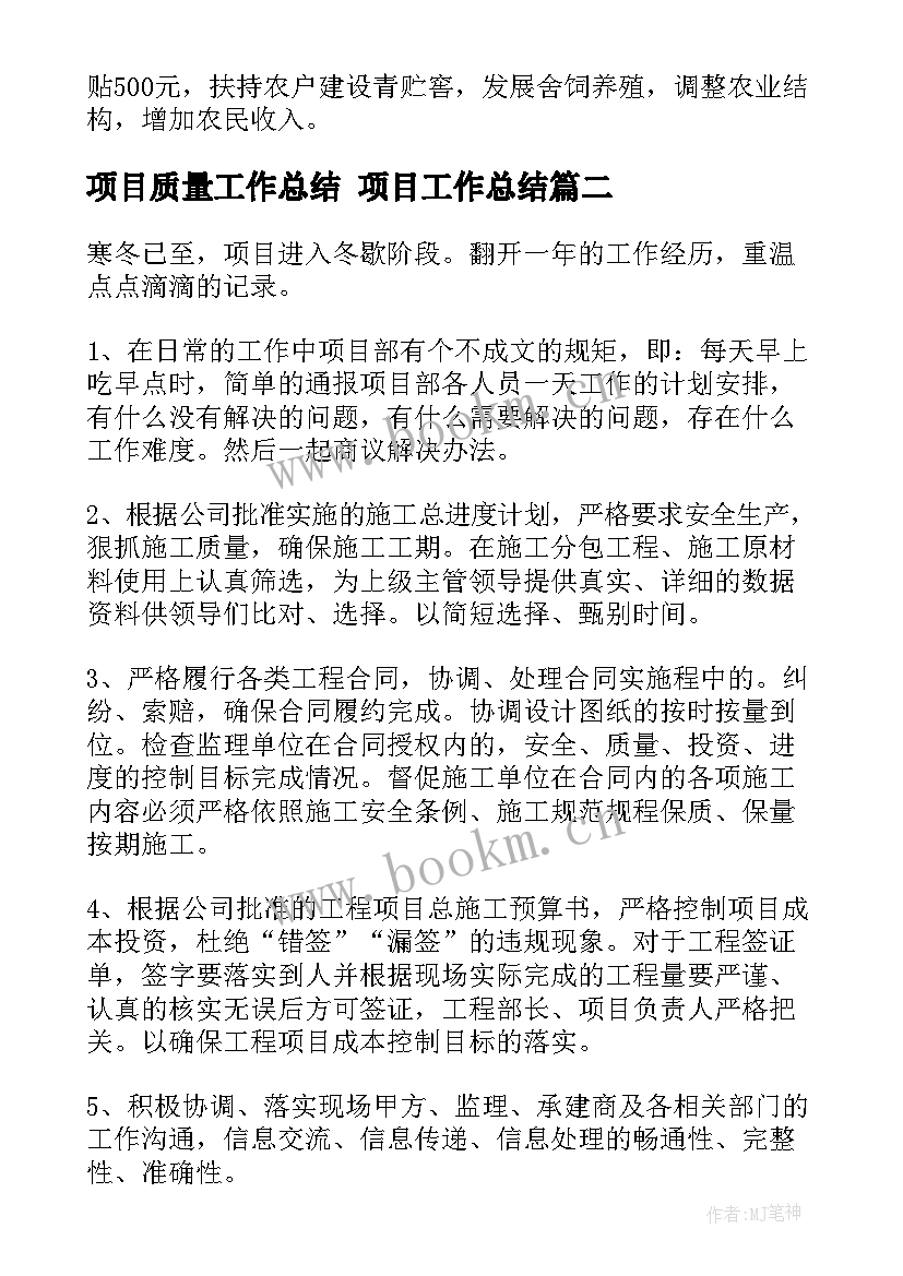 2023年项目质量工作总结 项目工作总结(优秀7篇)