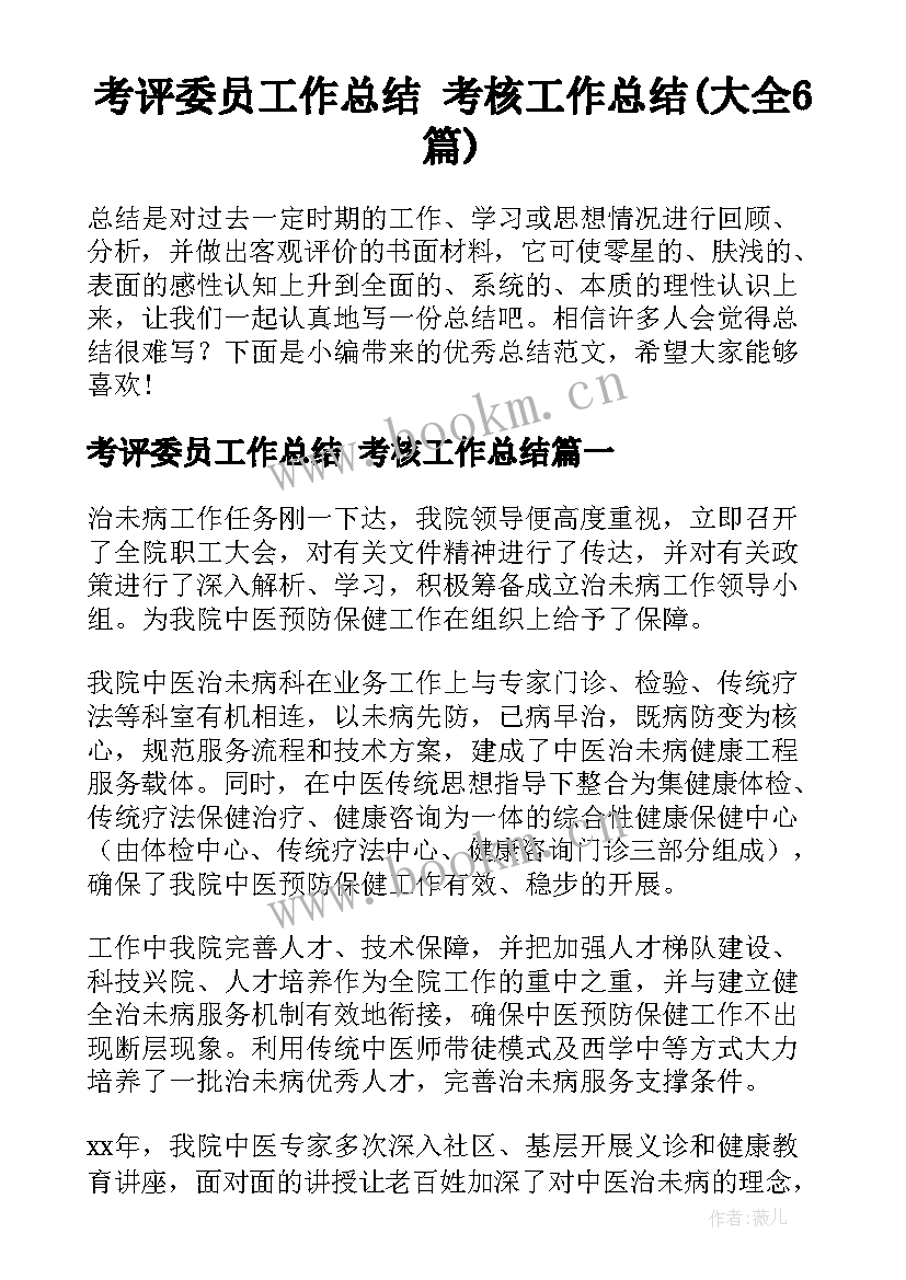 考评委员工作总结 考核工作总结(大全6篇)