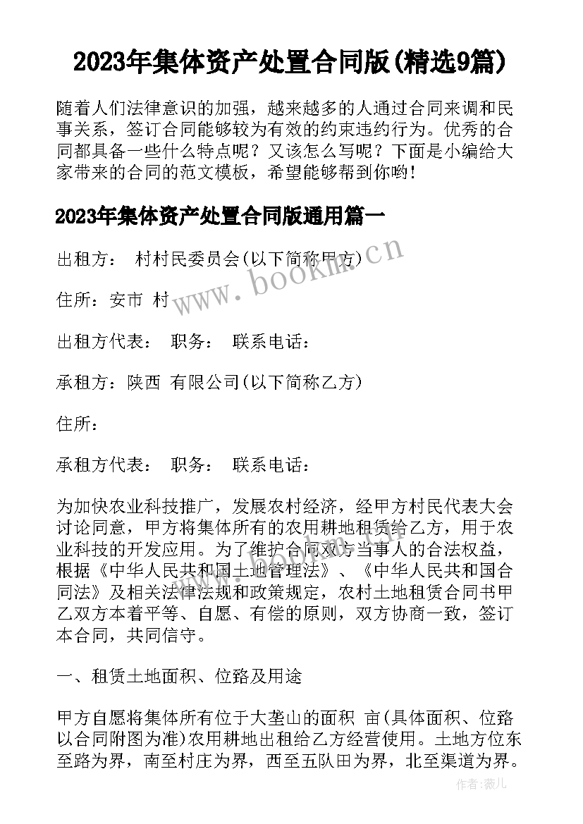 2023年集体资产处置合同版(精选9篇)