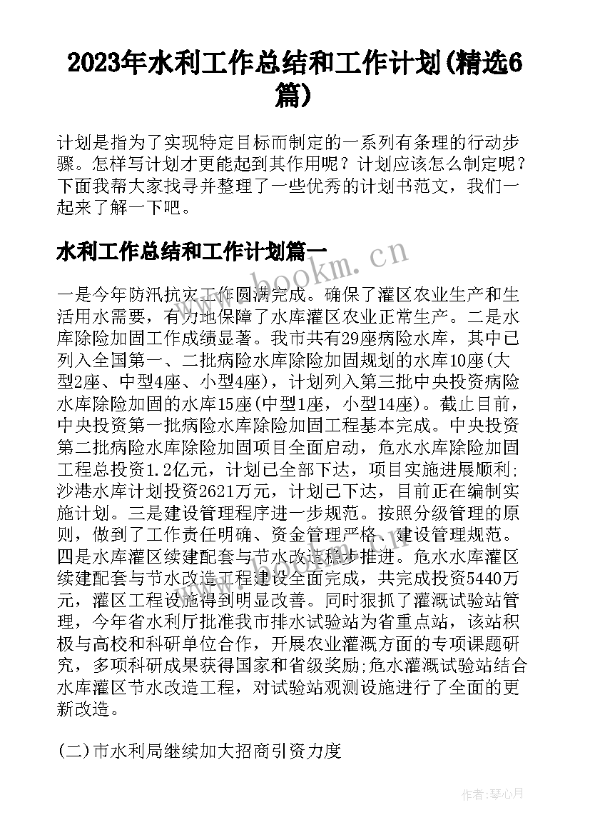 2023年水利工作总结和工作计划(精选6篇)