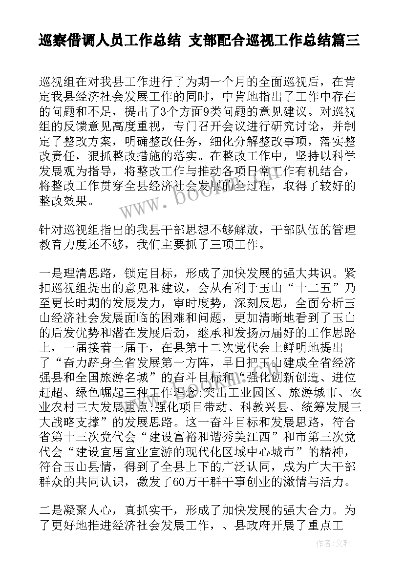 2023年巡察借调人员工作总结 支部配合巡视工作总结(模板9篇)