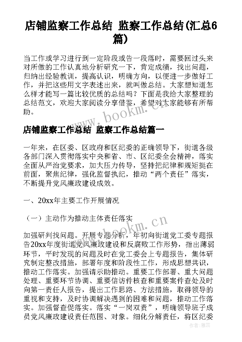 店铺监察工作总结 监察工作总结(汇总6篇)