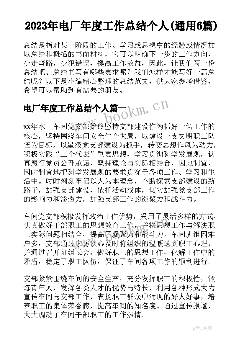 2023年电厂年度工作总结个人(通用6篇)