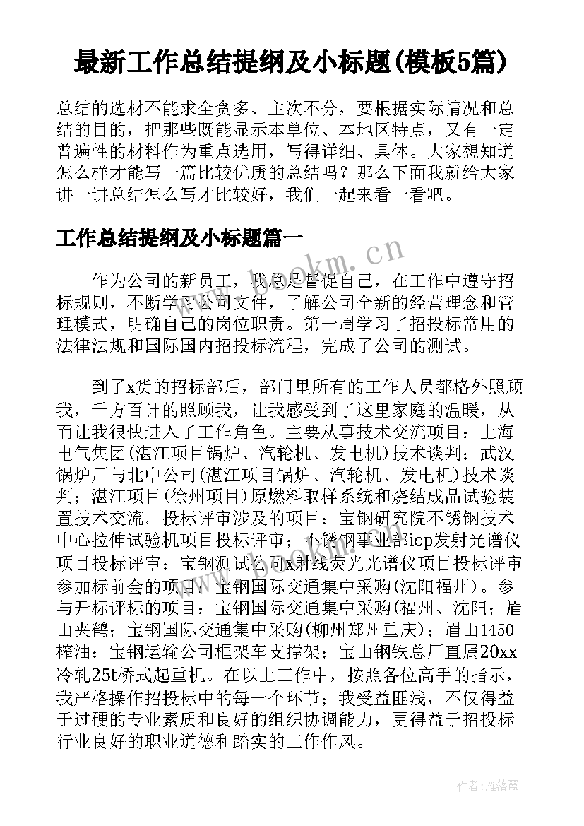 最新工作总结提纲及小标题(模板5篇)