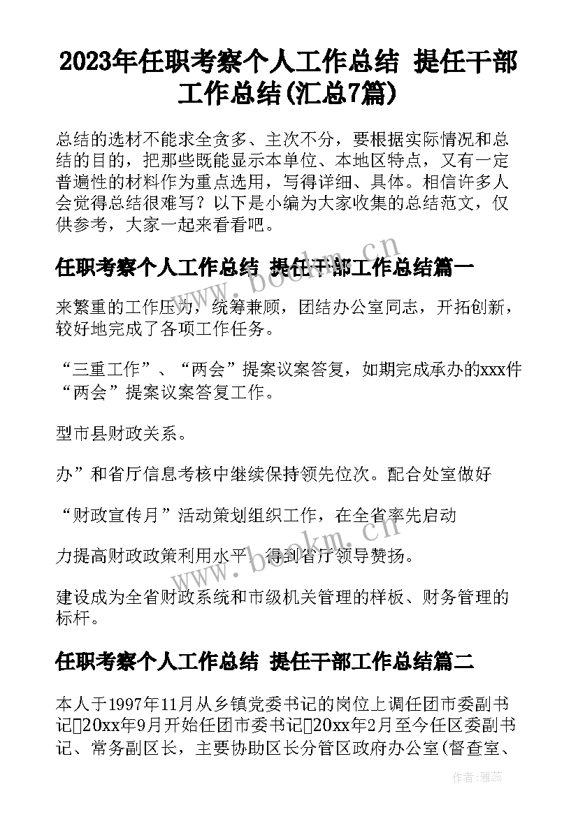 2023年任职考察个人工作总结 提任干部工作总结(汇总7篇)