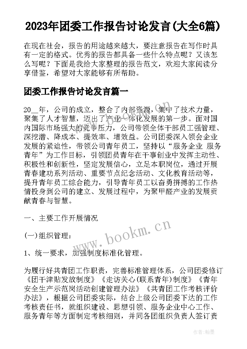 2023年团委工作报告讨论发言(大全6篇)