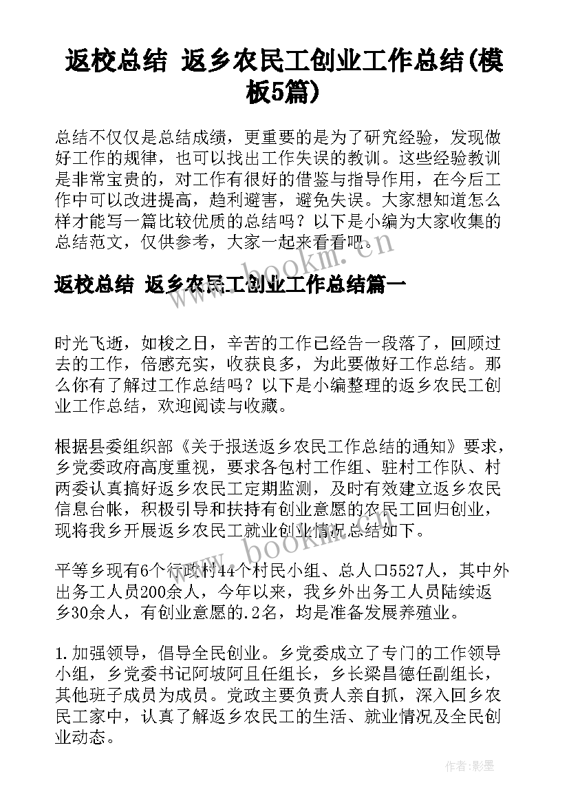 返校总结 返乡农民工创业工作总结(模板5篇)