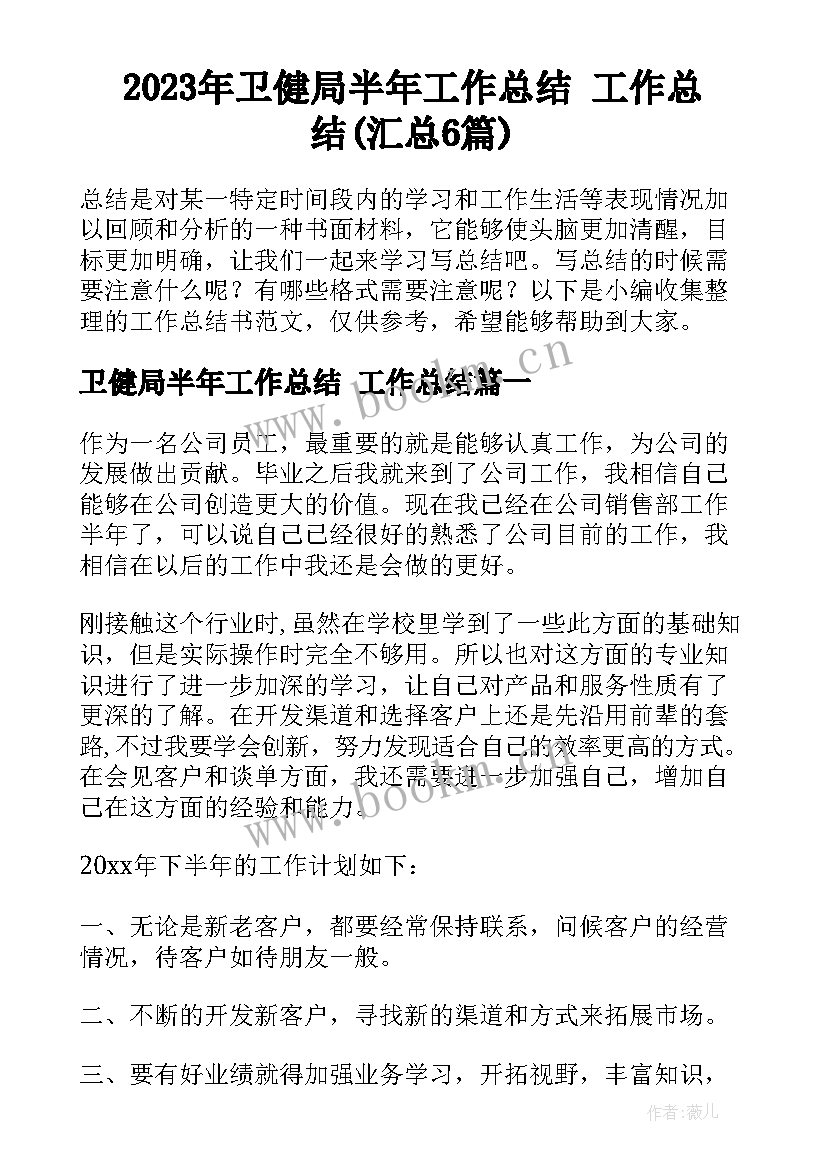 2023年卫健局半年工作总结 工作总结(汇总6篇)