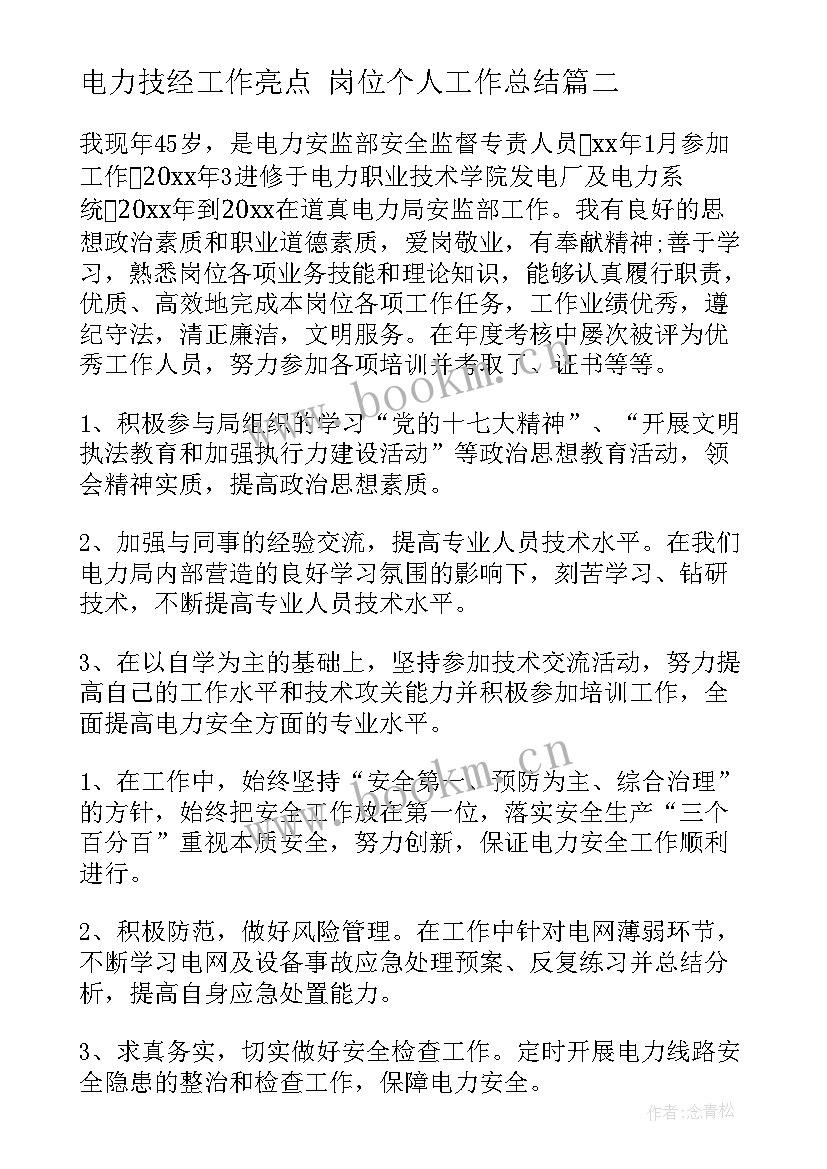 2023年电力技经工作亮点 岗位个人工作总结(实用8篇)