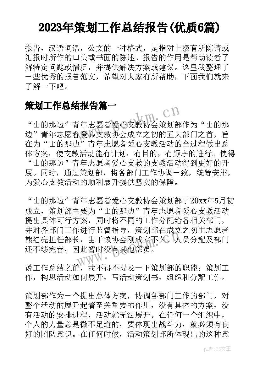 2023年策划工作总结报告(优质6篇)