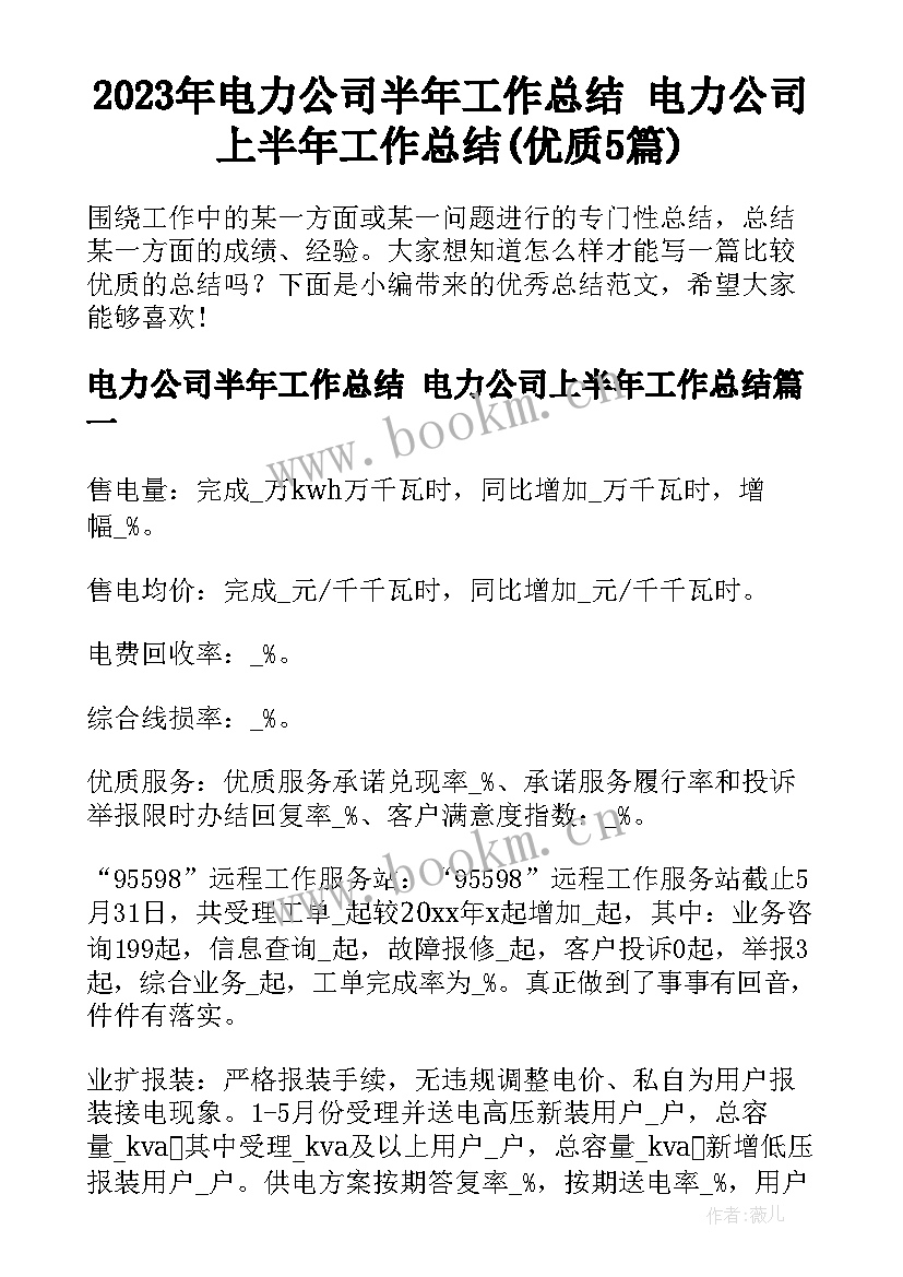 2023年电力公司半年工作总结 电力公司上半年工作总结(优质5篇)