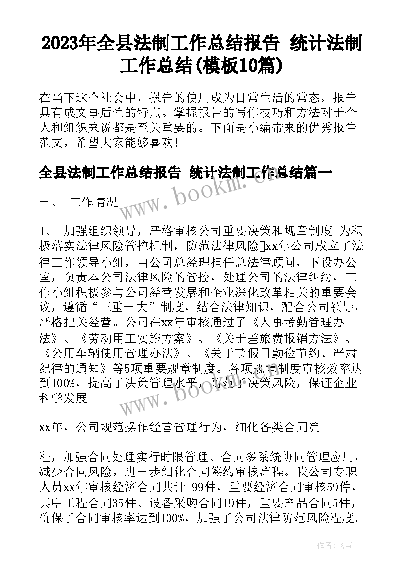 2023年全县法制工作总结报告 统计法制工作总结(模板10篇)