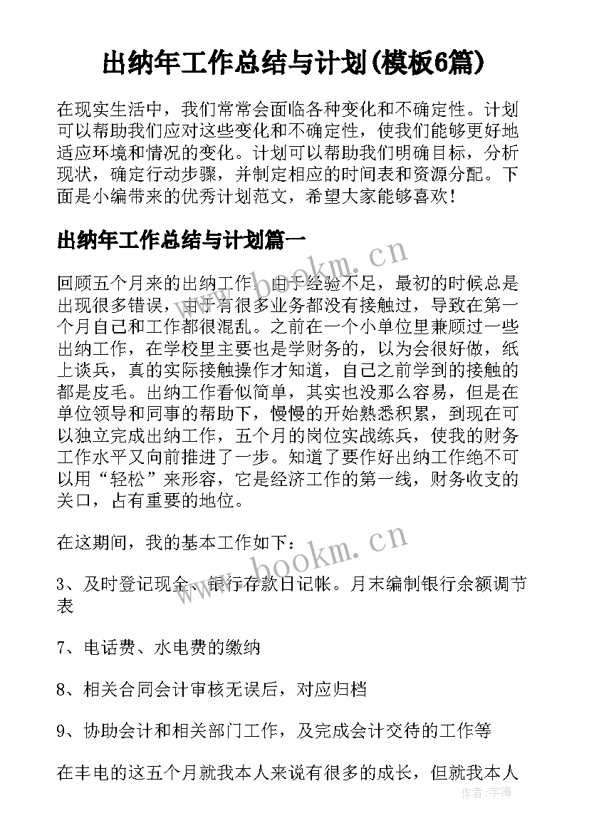 出纳年工作总结与计划(模板6篇)