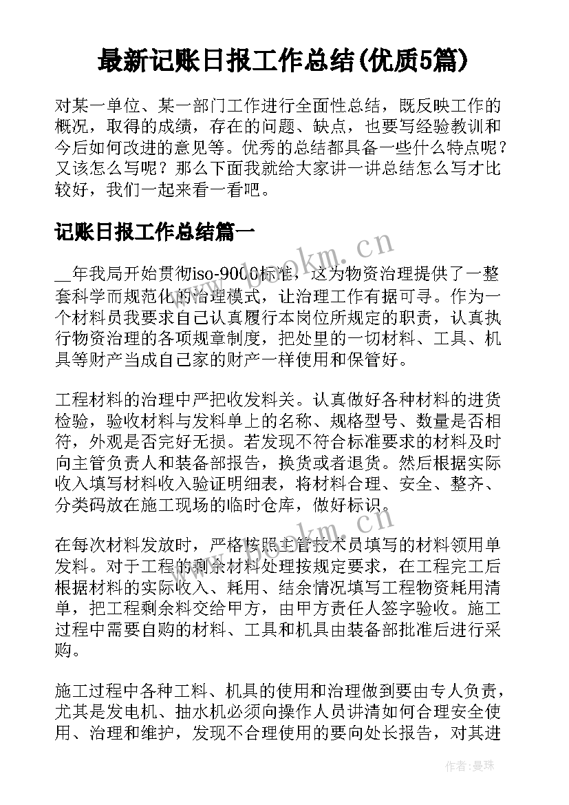 最新记账日报工作总结(优质5篇)