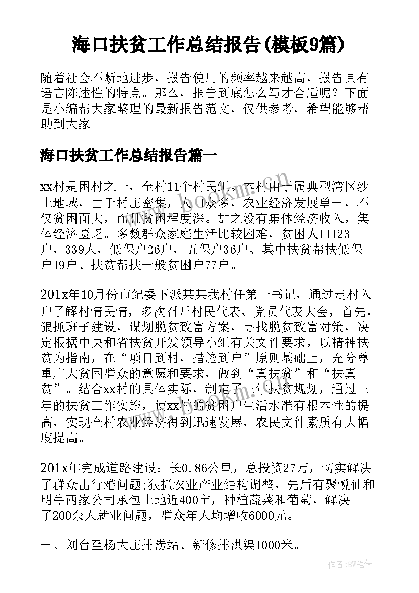 海口扶贫工作总结报告(模板9篇)