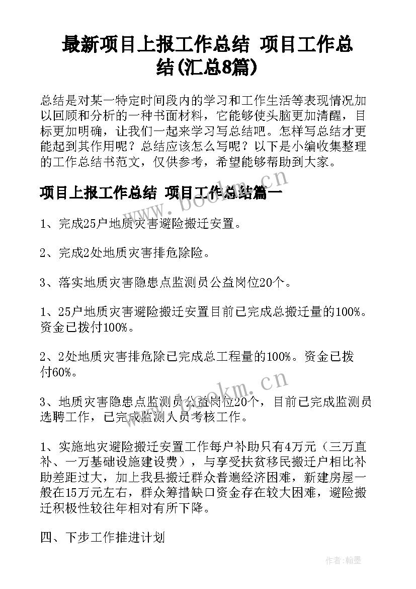 最新项目上报工作总结 项目工作总结(汇总8篇)