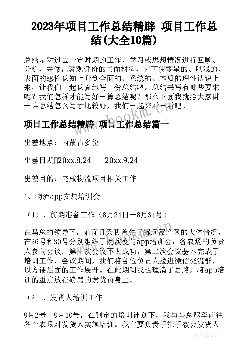 2023年项目工作总结精辟 项目工作总结(大全10篇)