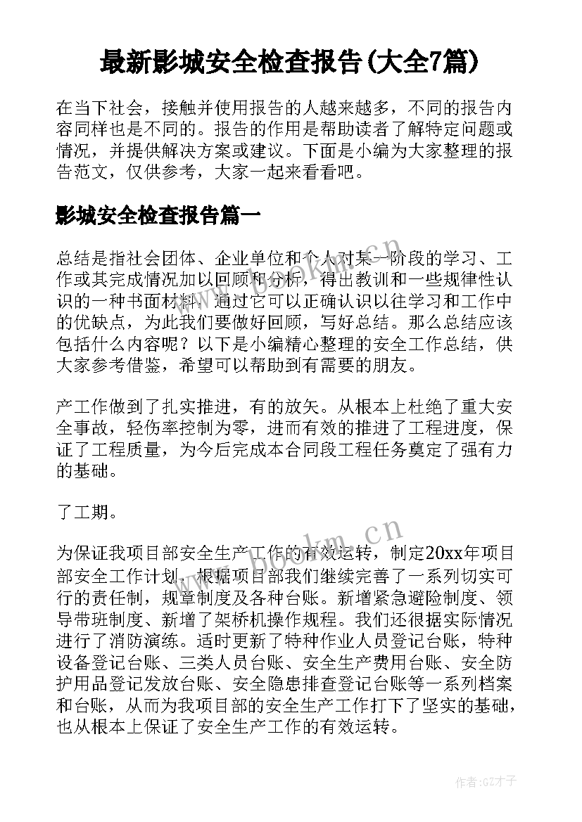 最新影城安全检查报告(大全7篇)