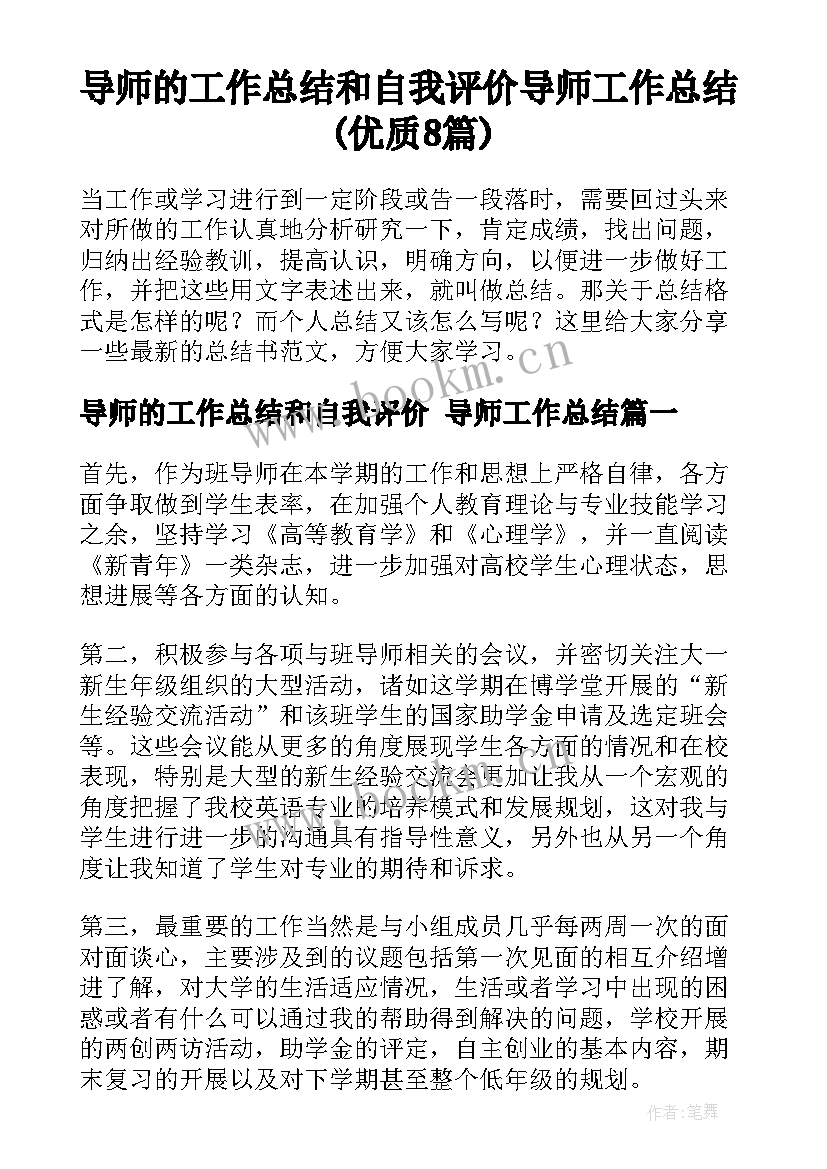 导师的工作总结和自我评价 导师工作总结(优质8篇)