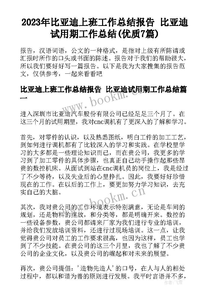 2023年比亚迪上班工作总结报告 比亚迪试用期工作总结(优质7篇)