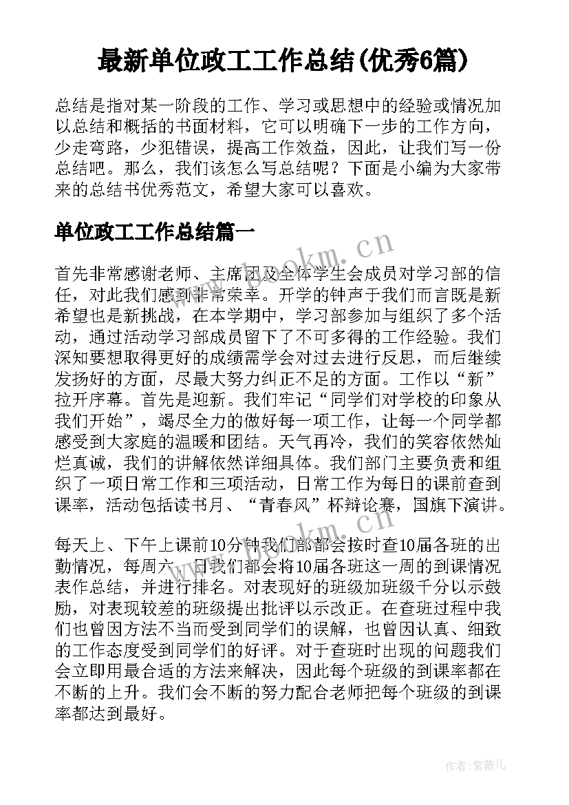 最新单位政工工作总结(优秀6篇)