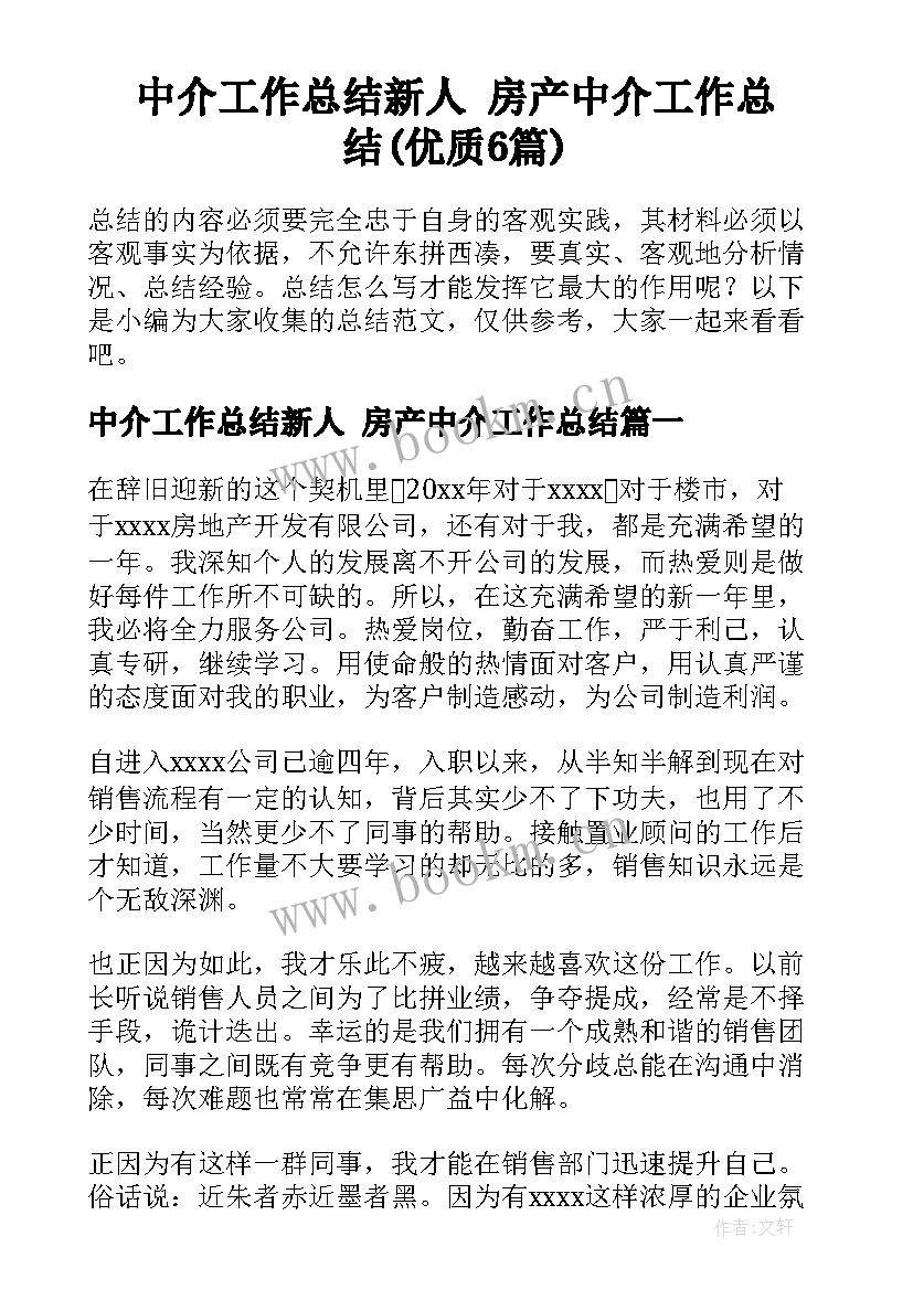 中介工作总结新人 房产中介工作总结(优质6篇)