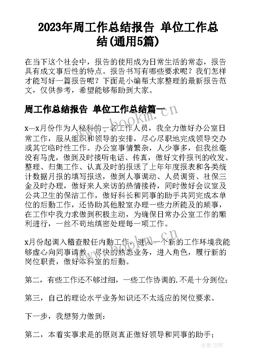 2023年周工作总结报告 单位工作总结(通用5篇)