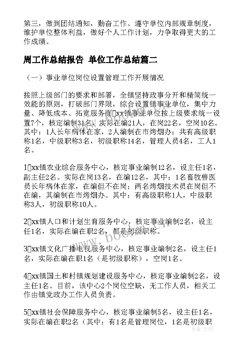 2023年周工作总结报告 单位工作总结(通用5篇)