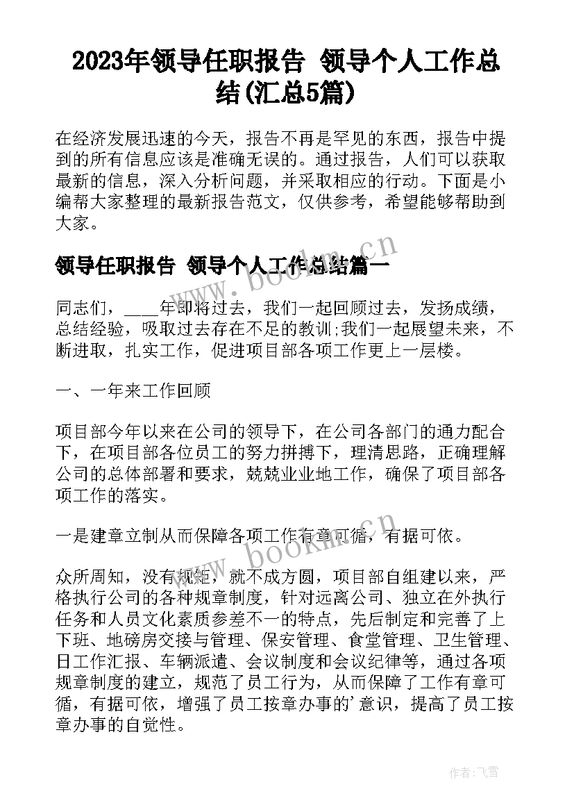 2023年领导任职报告 领导个人工作总结(汇总5篇)